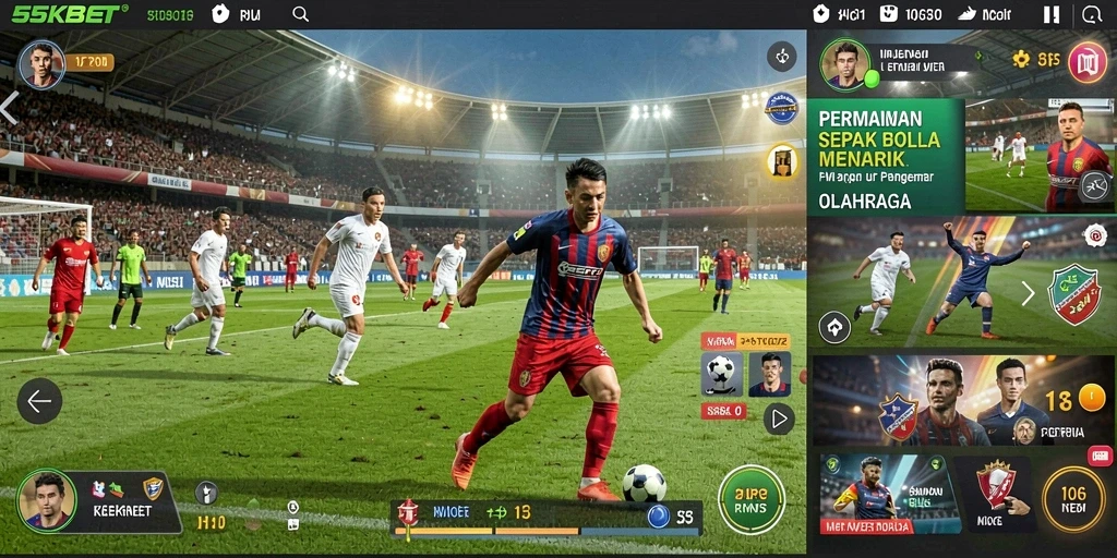 Tampilan gameplay seru di 55KBET dengan aksi sepak bola nyata.