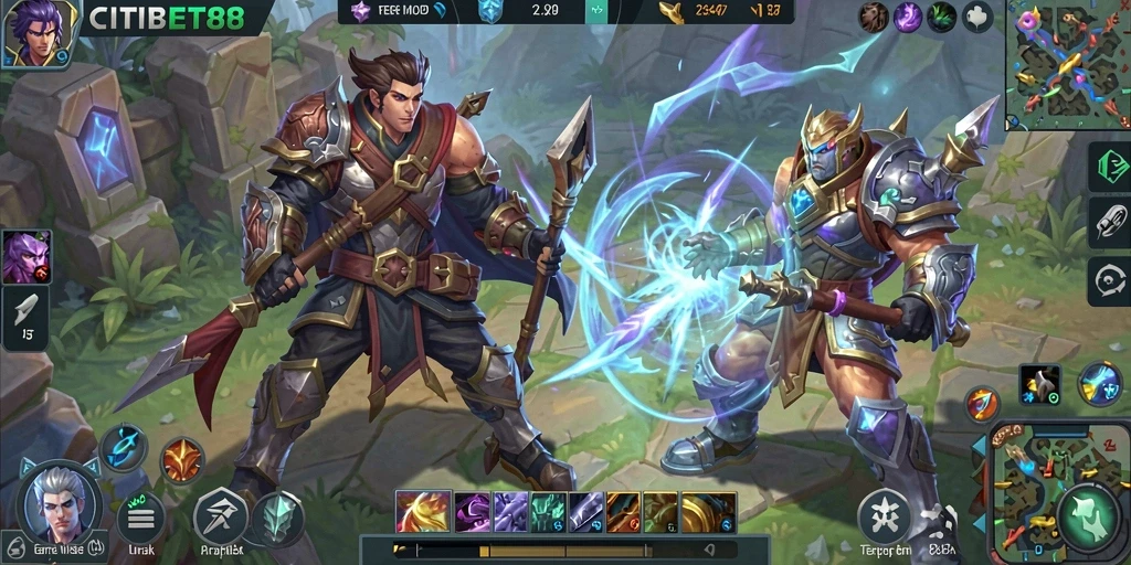 Screenshot gameplay CITIBET88 menampilkan pertempuran seru tim MOBA.
