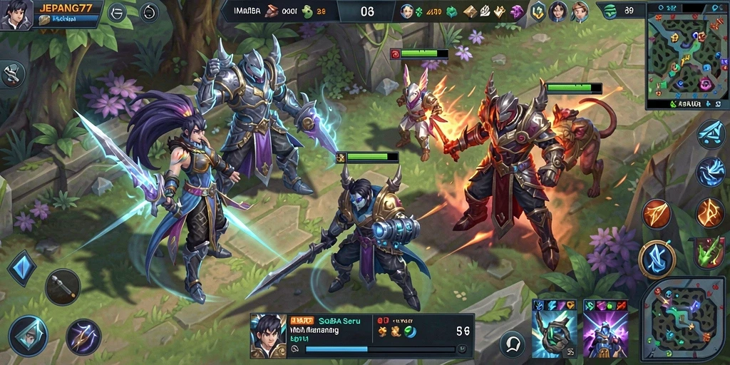 Screenshot gameplay seru dalam JEPANG77 menampilkan aksi MOBA yang mendebarkan.