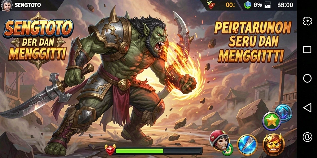 Screenshot utama SENGTOTO menampilkan pertarungan intens antara karakter.
