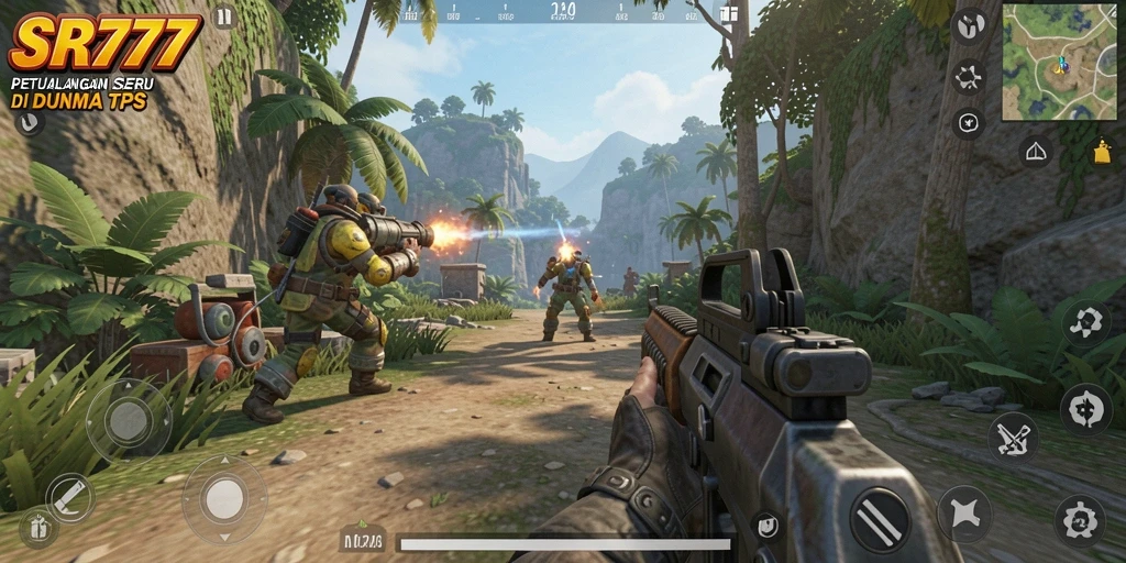 Screenshot gameplay SR777 dengan aksi menegangkan dalam pertempuran TPS.